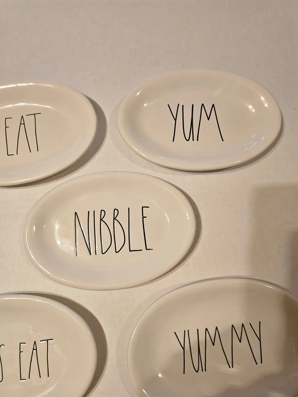 Rae Dunn White Oval Snack Plates with Black Lettering - Set of 5